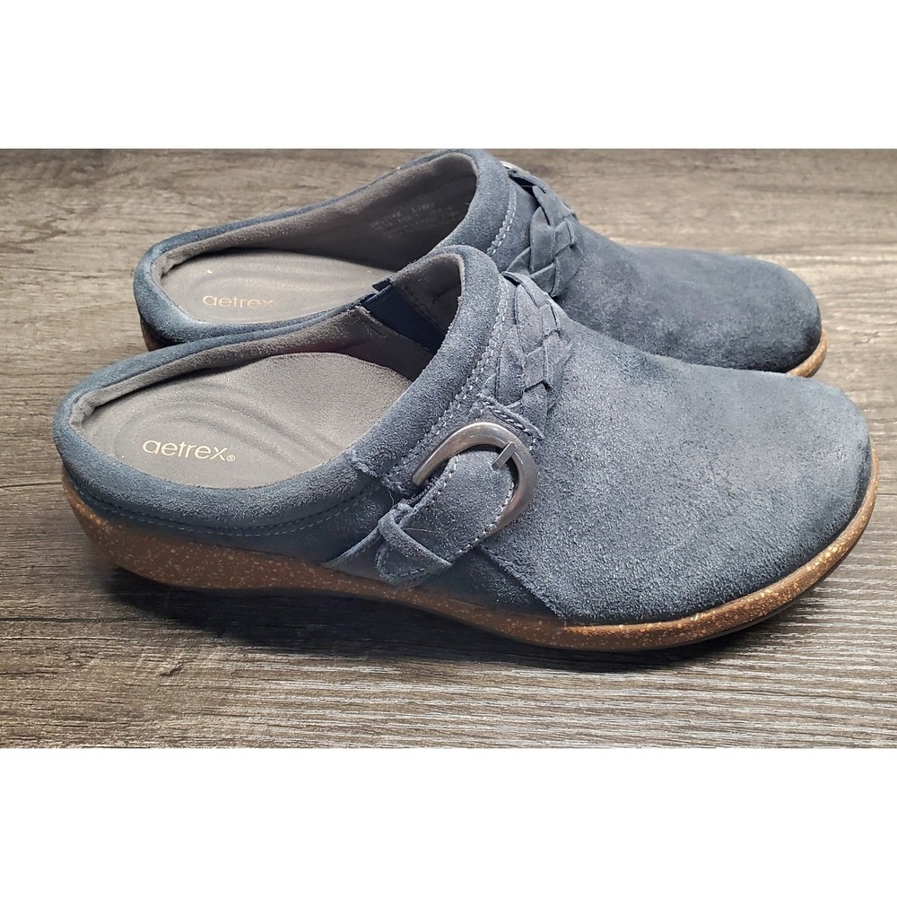 Aetrex Shoes Womens 8.5M Libby Mule Clog Blue Leather Slip On Wedge Heels Casual